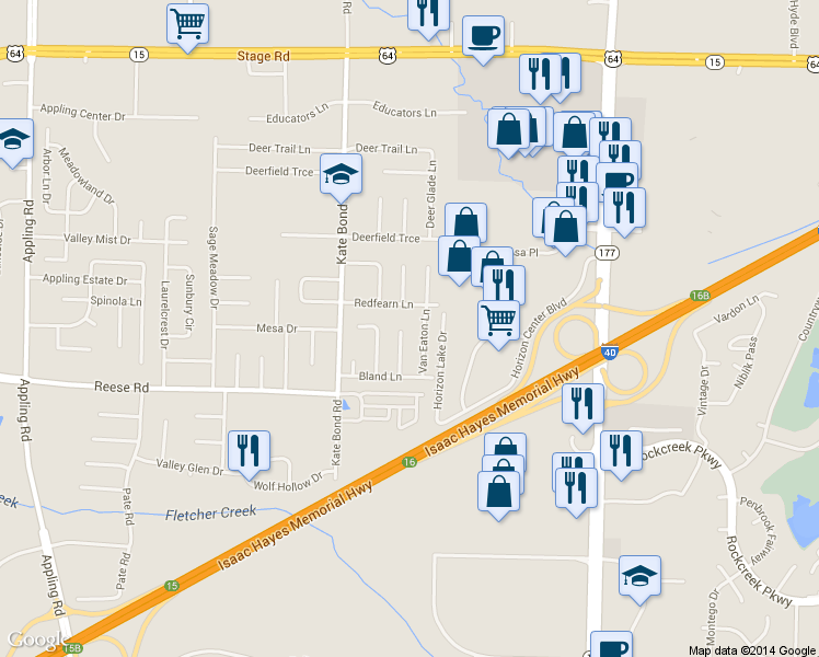 map of restaurants, bars, coffee shops, grocery stores, and more near 2581 Jeffries Cove in Memphis