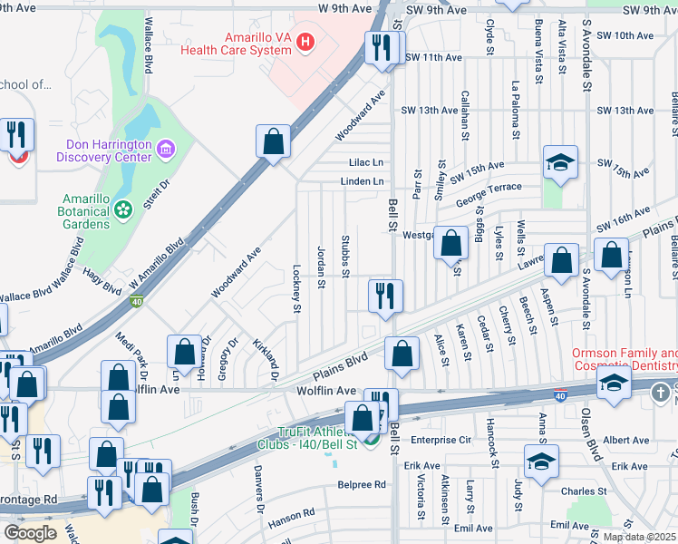map of restaurants, bars, coffee shops, grocery stores, and more near 1548 Stubbs Street in Amarillo
