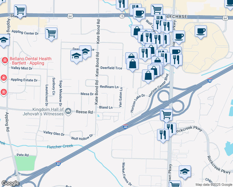 map of restaurants, bars, coffee shops, grocery stores, and more near 2581 Jeffries Cove in Memphis