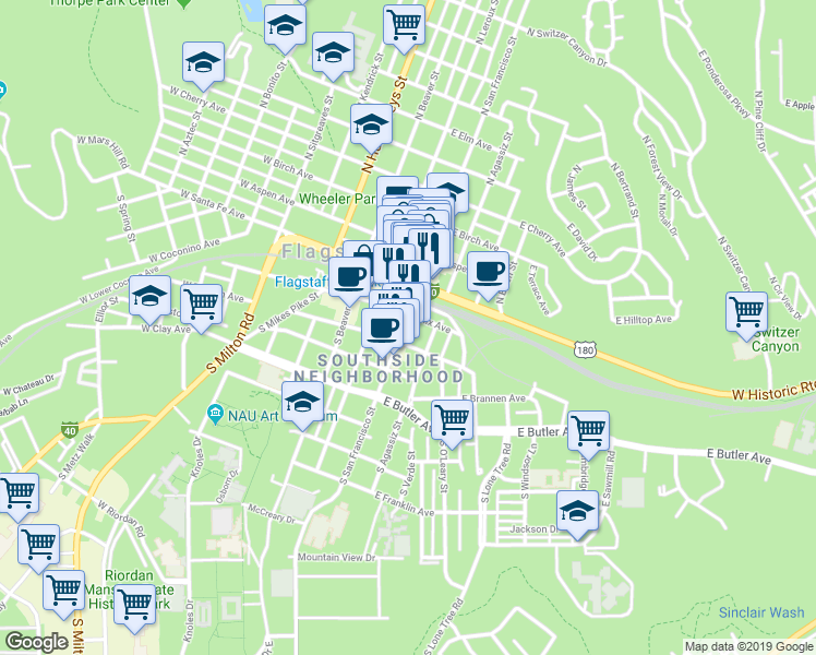 map of restaurants, bars, coffee shops, grocery stores, and more near 113 East Phoenix Avenue in Flagstaff