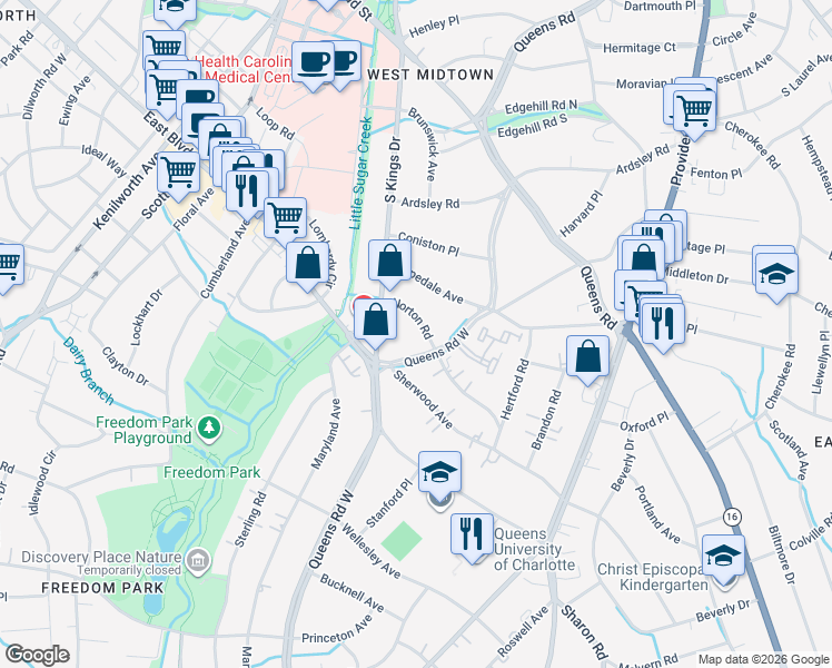 map of restaurants, bars, coffee shops, grocery stores, and more near 2046 Norton Road in Charlotte