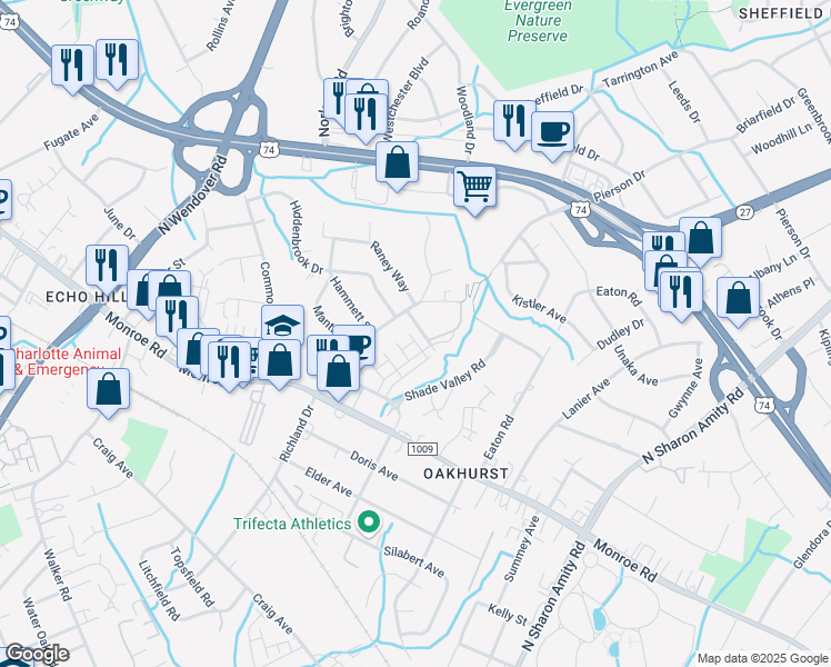 map of restaurants, bars, coffee shops, grocery stores, and more near in Charlotte