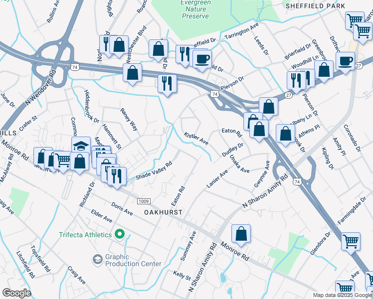 map of restaurants, bars, coffee shops, grocery stores, and more near 5039 Erickson Road in Charlotte