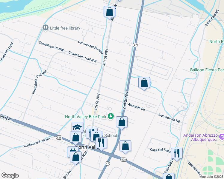 map of restaurants, bars, coffee shops, grocery stores, and more near 10019 2nd Street Northwest in Albuquerque
