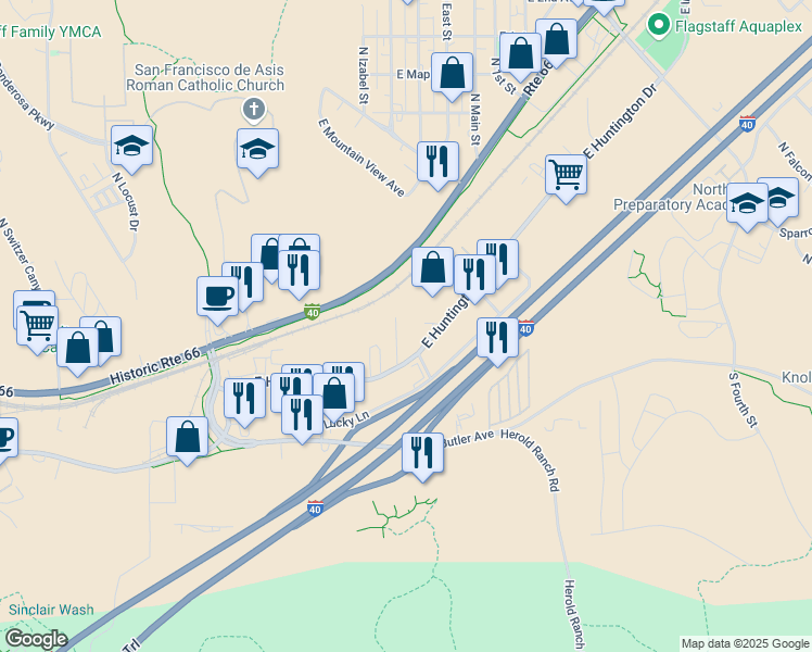 map of restaurants, bars, coffee shops, grocery stores, and more near 500 North Grant Street in Flagstaff