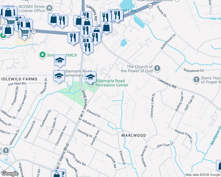 map of restaurants, bars, coffee shops, grocery stores, and more near 7046 Sycamore Grove Court in Charlotte