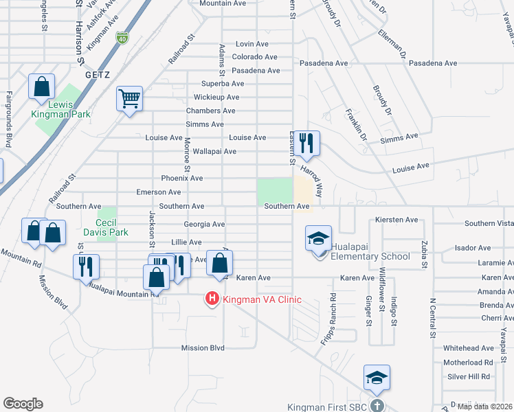 map of restaurants, bars, coffee shops, grocery stores, and more near 700 Washington Street in Kingman
