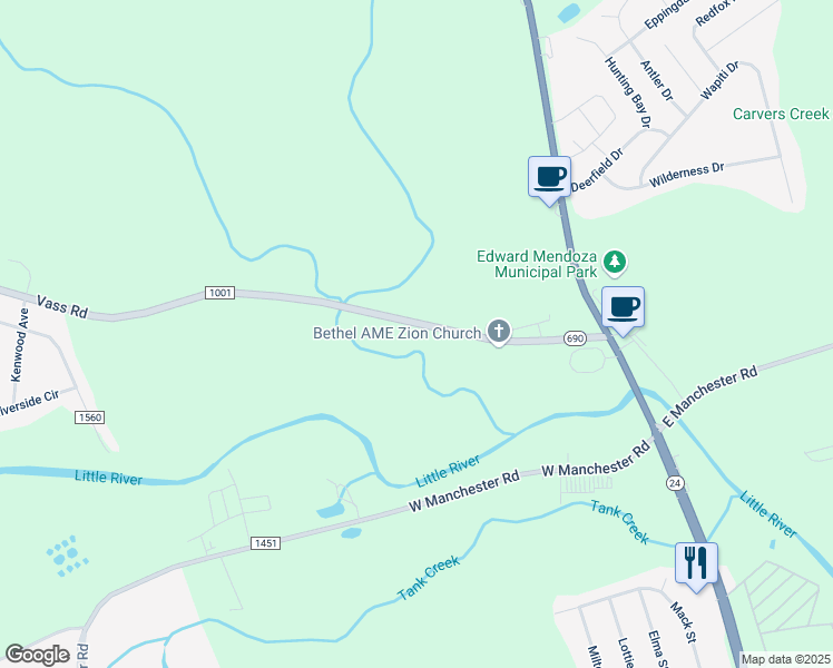map of restaurants, bars, coffee shops, grocery stores, and more near 415 Vass Road in Spring Lake