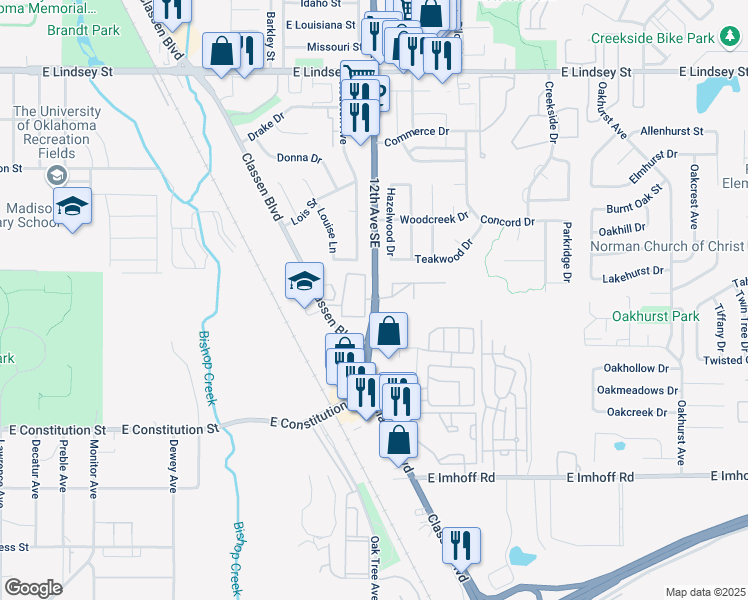 map of restaurants, bars, coffee shops, grocery stores, and more near 1830 12th Avenue Southeast in Norman