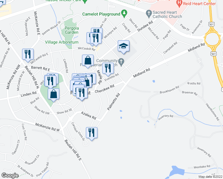 map of restaurants, bars, coffee shops, grocery stores, and more near 220 Cherokee Road in Pinehurst