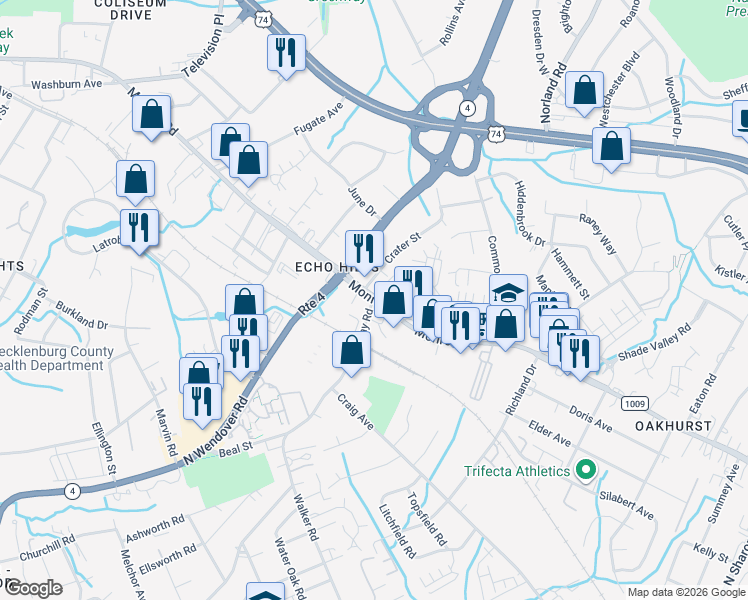 map of restaurants, bars, coffee shops, grocery stores, and more near Monroe Rd & McAlway Rd in Charlotte