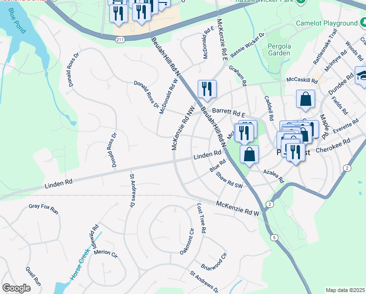 map of restaurants, bars, coffee shops, grocery stores, and more near 65 McCaskill Road West in Pinehurst