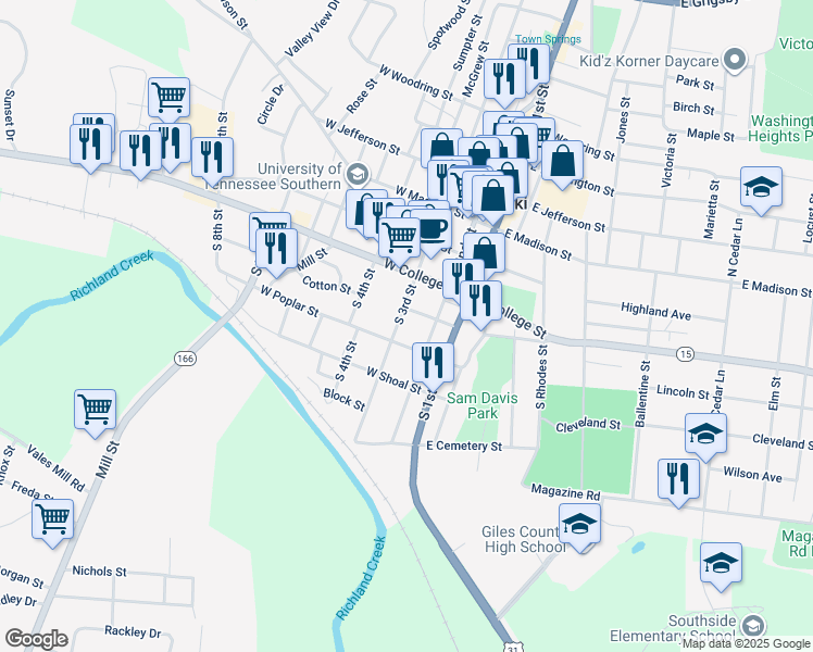 map of restaurants, bars, coffee shops, grocery stores, and more near 411 South 3rd Street in Pulaski