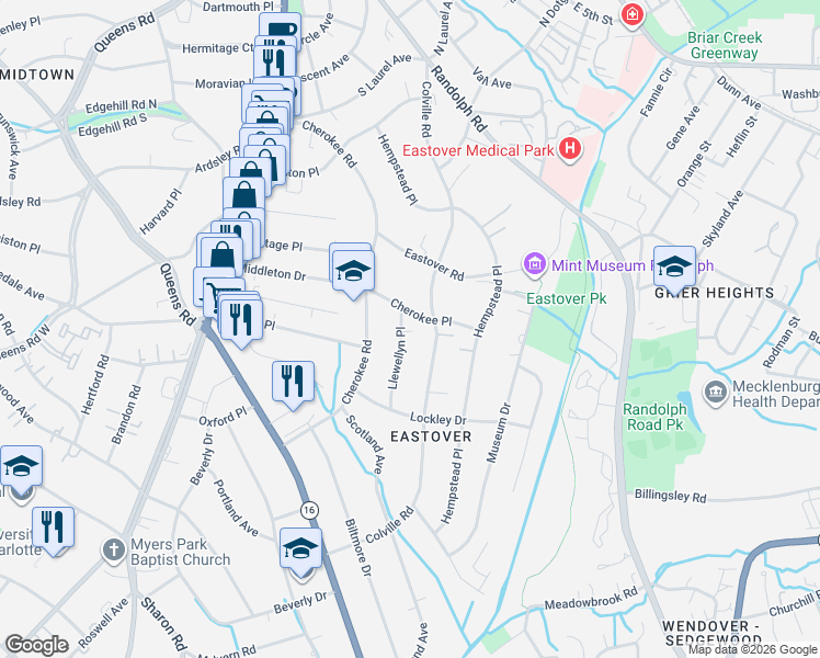 map of restaurants, bars, coffee shops, grocery stores, and more near 600 Colville Road in Charlotte