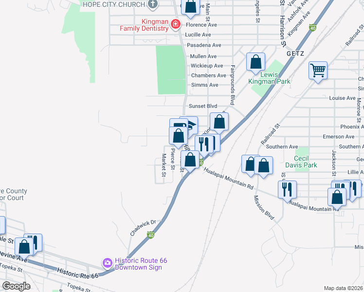 map of restaurants, bars, coffee shops, grocery stores, and more near Johnson Avenue in Kingman