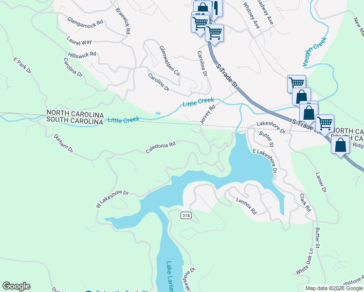 map of restaurants, bars, coffee shops, grocery stores, and more near 155 Caledonia Road in Landrum