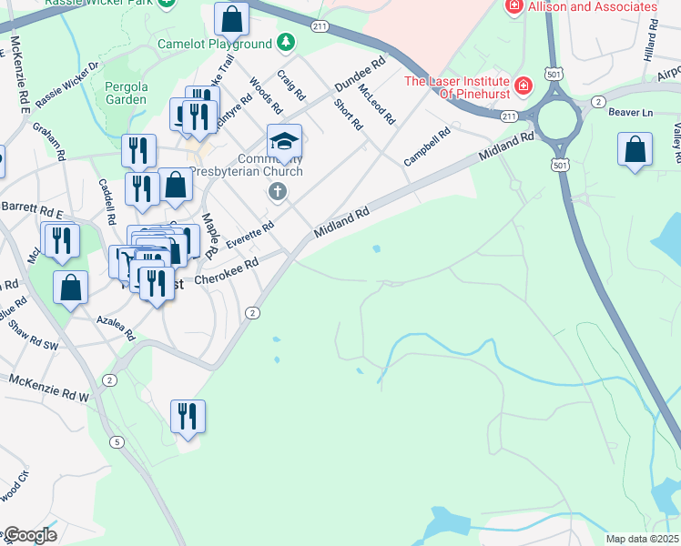 map of restaurants, bars, coffee shops, grocery stores, and more near 10 Muster Branch Road in Pinehurst