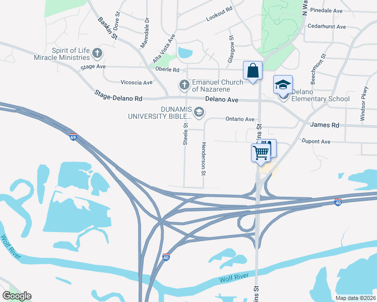 map of restaurants, bars, coffee shops, grocery stores, and more near 2580 Steele Street in Memphis