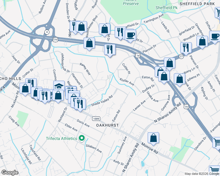 map of restaurants, bars, coffee shops, grocery stores, and more near 5008 Erickson Road in Charlotte