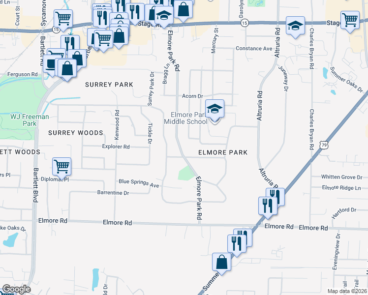 map of restaurants, bars, coffee shops, grocery stores, and more near 2578 Elmore Park Road in Bartlett