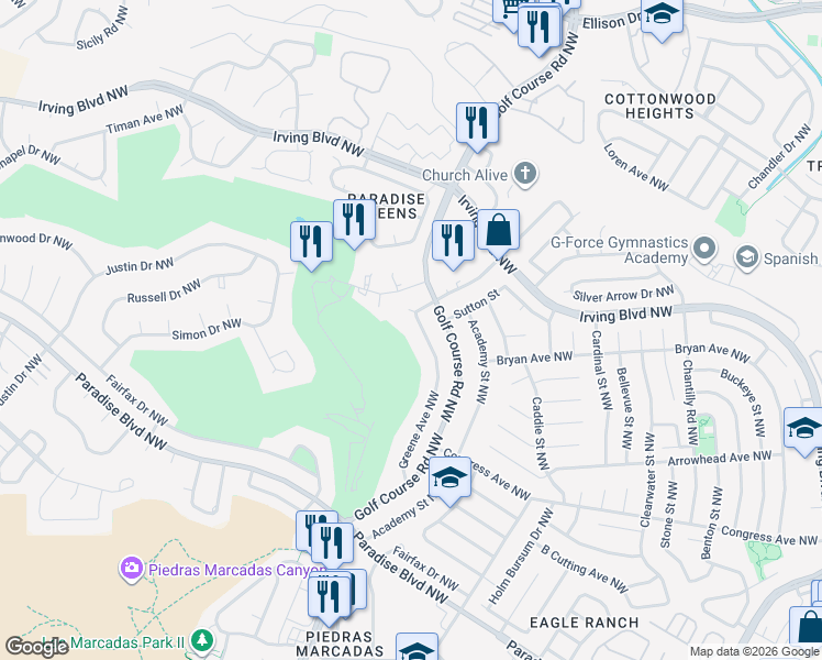 map of restaurants, bars, coffee shops, grocery stores, and more near 10009 Greene Avenue Northwest in Albuquerque