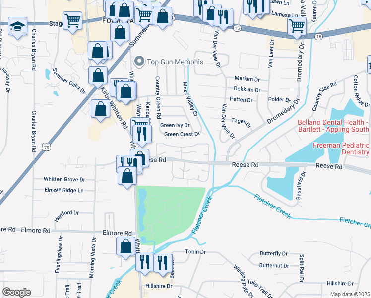 map of restaurants, bars, coffee shops, grocery stores, and more near 6920 Reese Road in Memphis