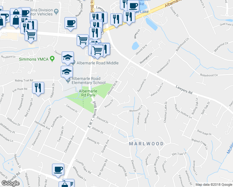 map of restaurants, bars, coffee shops, grocery stores, and more near 7026 Sycamore Grove Court in Charlotte