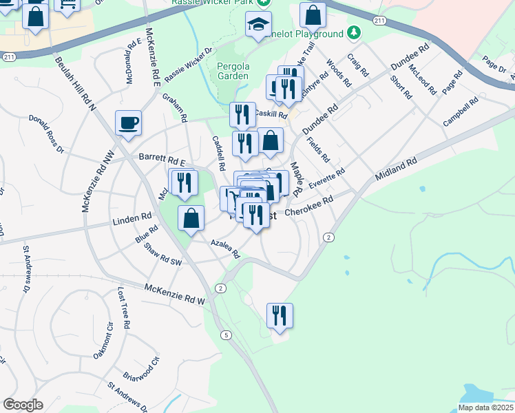 map of restaurants, bars, coffee shops, grocery stores, and more near 70 Market Square in Pinehurst