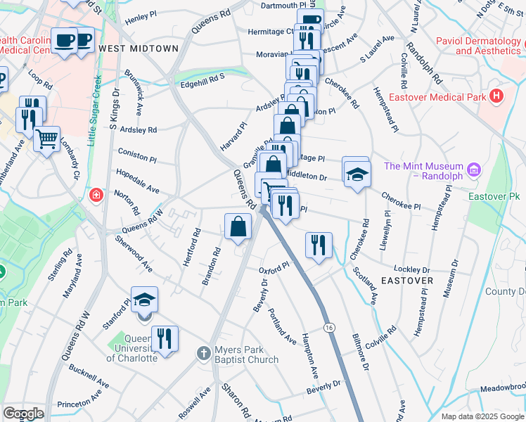 map of restaurants, bars, coffee shops, grocery stores, and more near in Charlotte