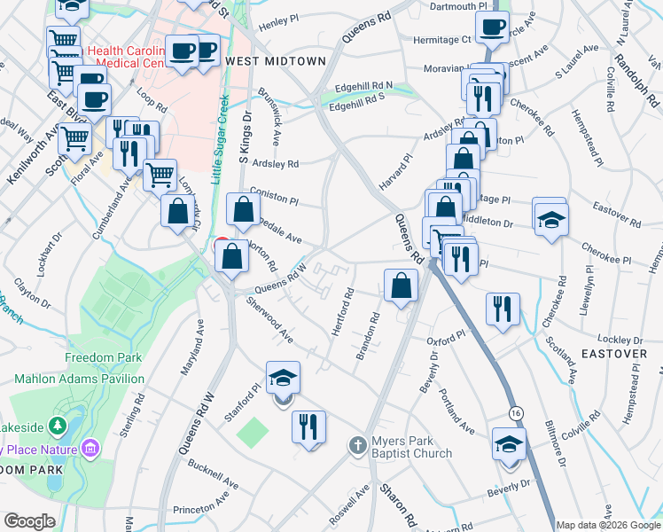 map of restaurants, bars, coffee shops, grocery stores, and more near in Charlotte