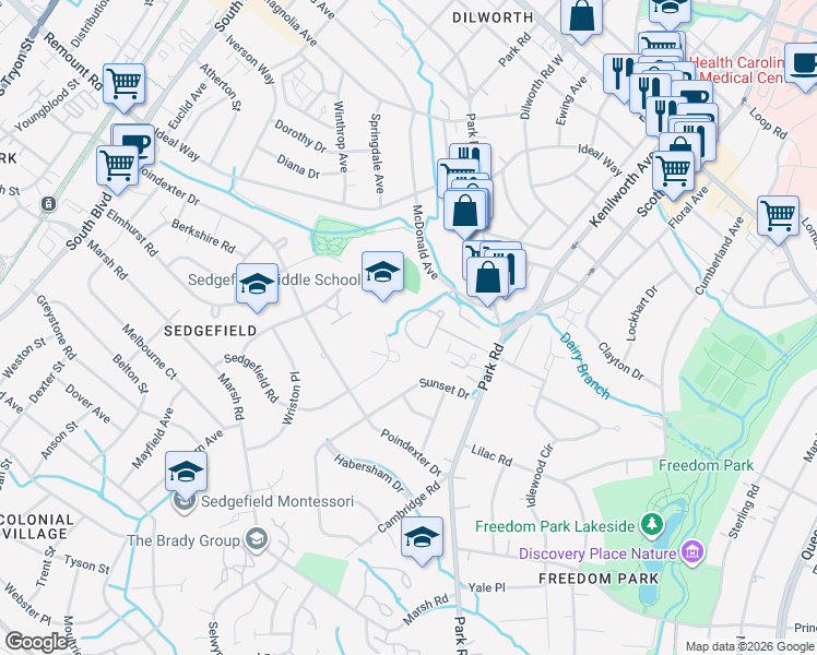 map of restaurants, bars, coffee shops, grocery stores, and more near 2626 Park Road in Charlotte