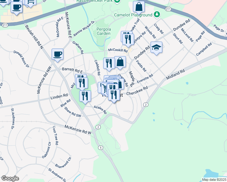 map of restaurants, bars, coffee shops, grocery stores, and more near 70 Market Square in Pinehurst