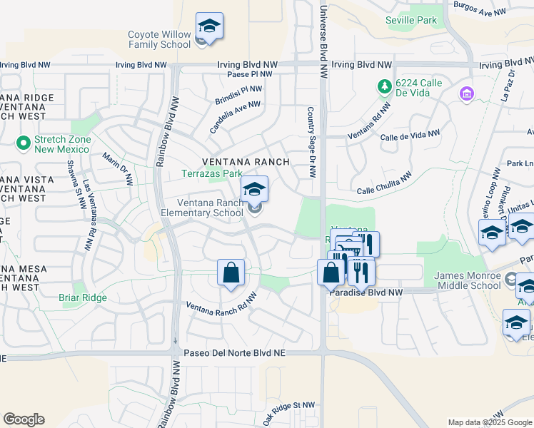 map of restaurants, bars, coffee shops, grocery stores, and more near 6801 Ventana Village Road Northwest in Albuquerque