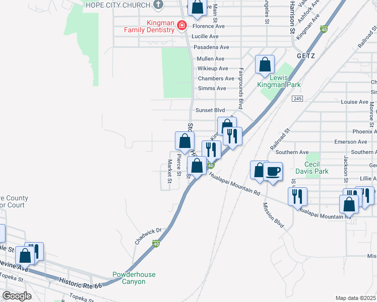 map of restaurants, bars, coffee shops, grocery stores, and more near 1801 Johnson Avenue in Kingman