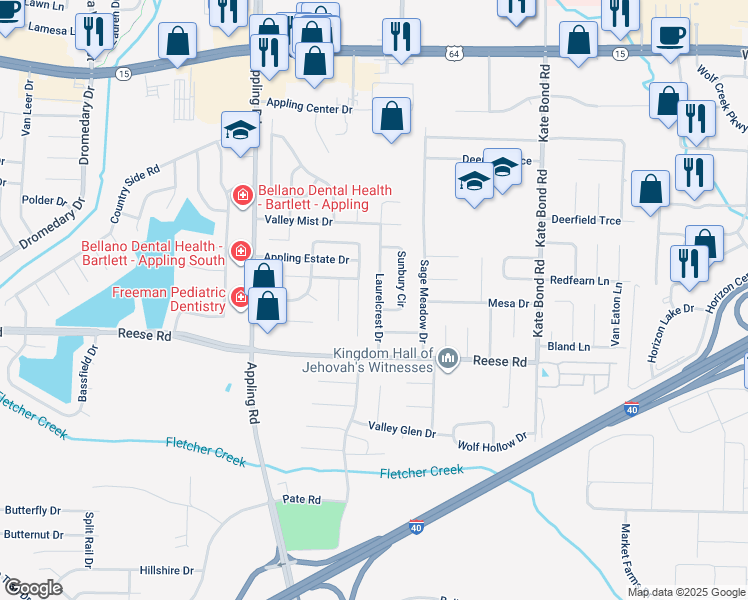 map of restaurants, bars, coffee shops, grocery stores, and more near 2579 Laurelcrest Drive in Memphis