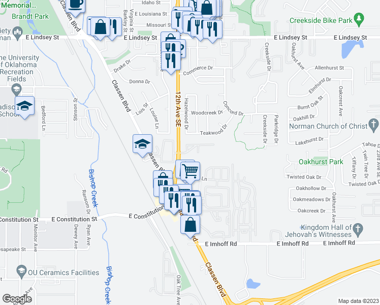 map of restaurants, bars, coffee shops, grocery stores, and more near 1220 Cedar Creek Drive in Norman