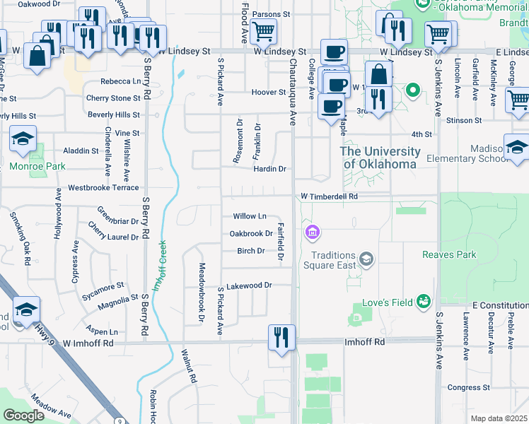 map of restaurants, bars, coffee shops, grocery stores, and more near 805 Willow Lane in Norman