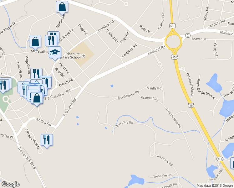 map of restaurants, bars, coffee shops, grocery stores, and more near 150 Brookhaven Road in Pinehurst
