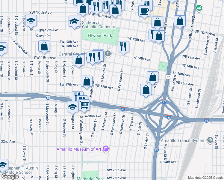 map of restaurants, bars, coffee shops, grocery stores, and more near 1701 South Jackson Street in Amarillo