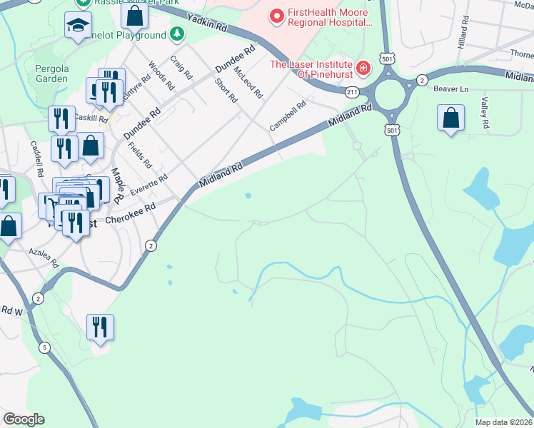 map of restaurants, bars, coffee shops, grocery stores, and more near 150 Brookhaven Road in Pinehurst