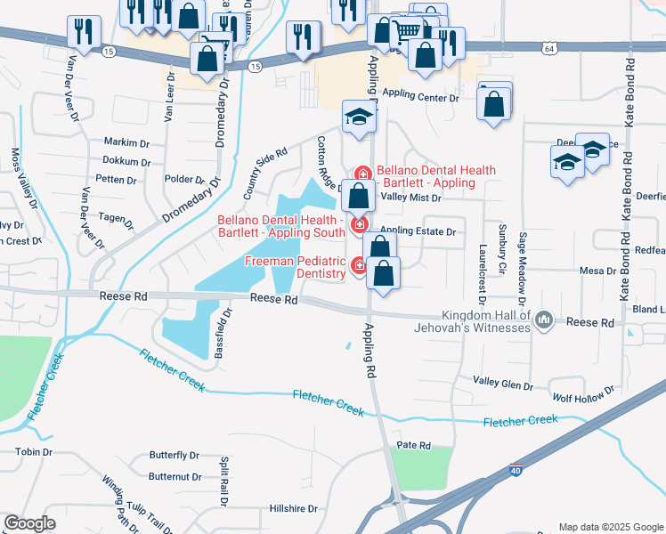 map of restaurants, bars, coffee shops, grocery stores, and more near 7395 Twiller Cove in Memphis