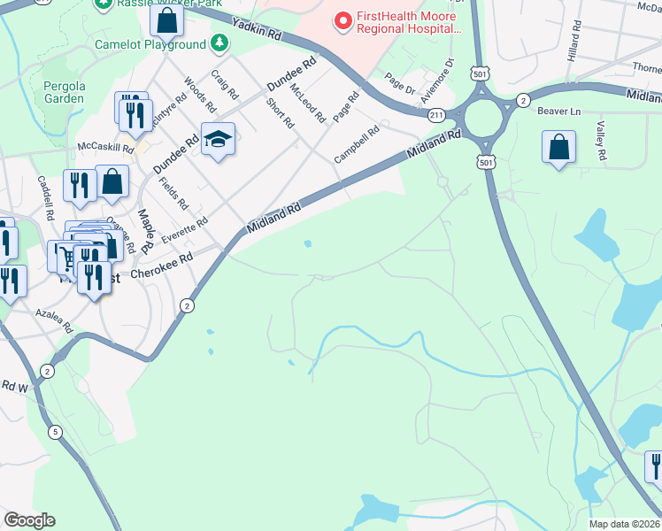 map of restaurants, bars, coffee shops, grocery stores, and more near 150 Brookhaven Road in Pinehurst