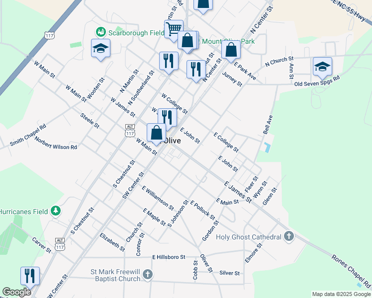 map of restaurants, bars, coffee shops, grocery stores, and more near 115 East James Street in Mount Olive