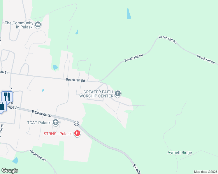 map of restaurants, bars, coffee shops, grocery stores, and more near 1320 Riley Hill Road in Pulaski