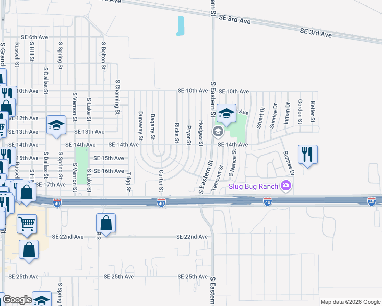 map of restaurants, bars, coffee shops, grocery stores, and more near 1405 Pryor Street in Amarillo