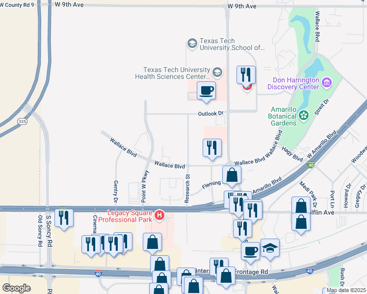 map of restaurants, bars, coffee shops, grocery stores, and more near 1610 Research Street in Amarillo