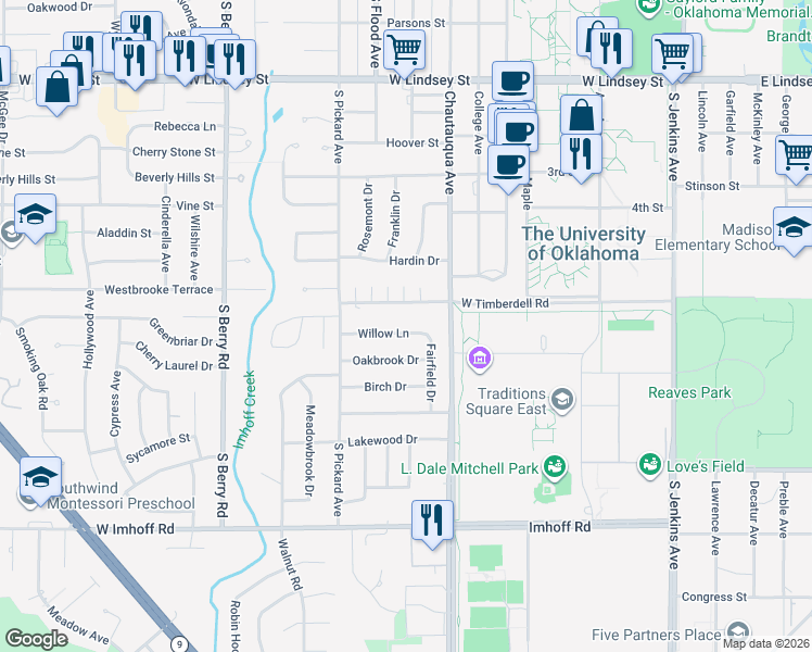 map of restaurants, bars, coffee shops, grocery stores, and more near 805 Willow Lane in Norman