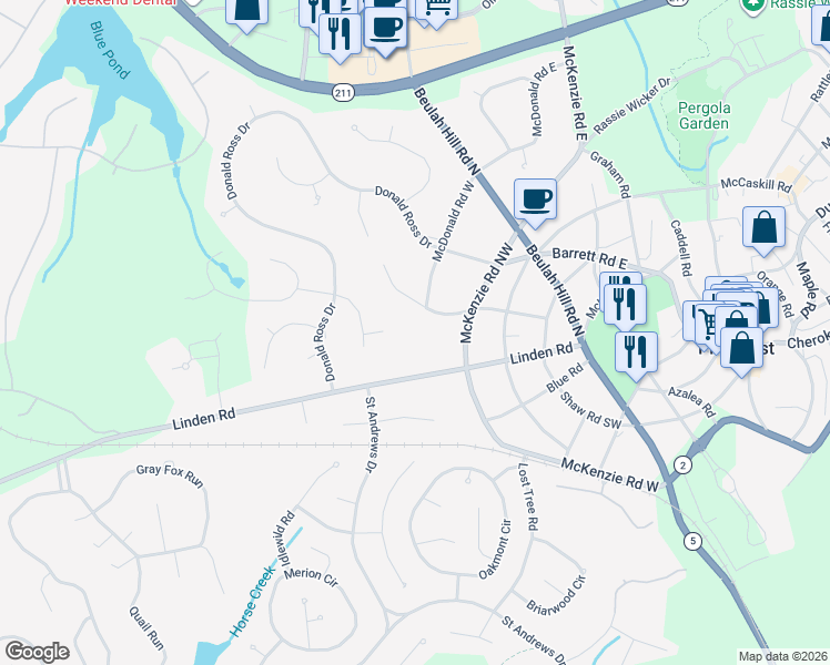 map of restaurants, bars, coffee shops, grocery stores, and more near 180 Frye Road in Pinehurst