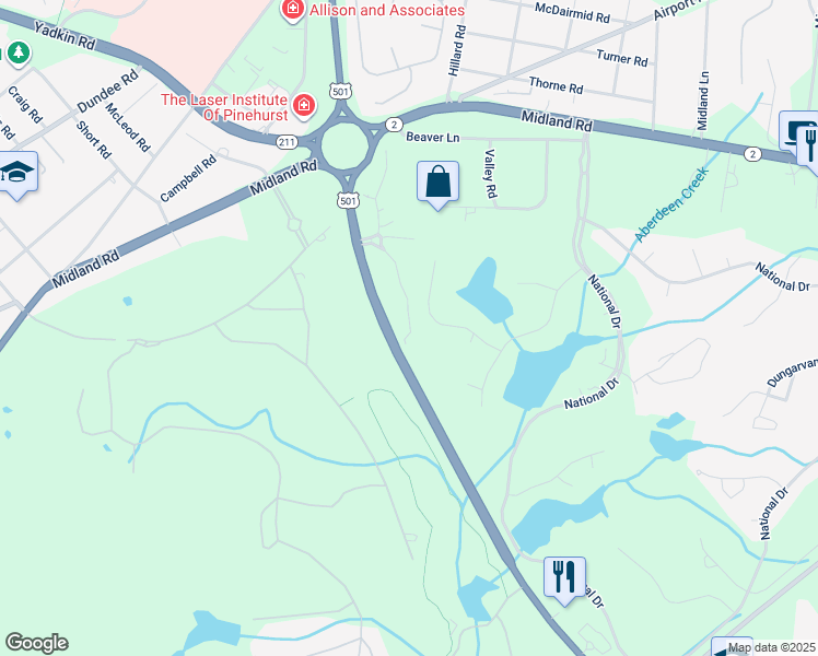 map of restaurants, bars, coffee shops, grocery stores, and more near 17 Pinehurst Manor Road in Pinehurst