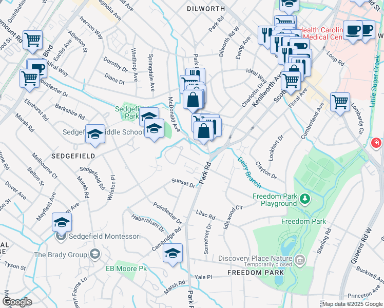 map of restaurants, bars, coffee shops, grocery stores, and more near 2620 Park Road in Charlotte